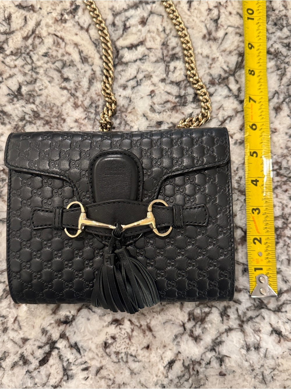 Gucci Emily Black Embossed GG Guccissima Crossbody with Gold Horsebit and Tassel - Picture 7 of 16